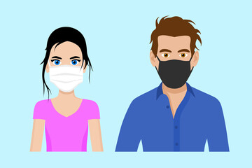Set of cartoon front view vector of a man and a woman wearing protective face mask - covid-19 safety measures, restriction, covering face to prevent spread of the virus