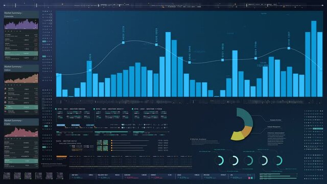Business stock market, trading, info graphic with animated graphs, charts and data numbers insight analysis to be shown on monitor display screen for business meeting mock up theme