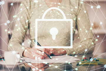 Multi exposure of woman's hands making notes with lock icon. Concept of security and protection of data