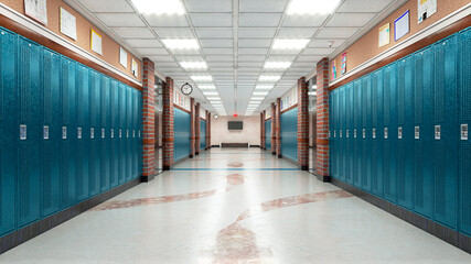 School corridor with lockers. 3d illustration - obrazy, fototapety, plakaty