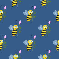 Seamless pattern with bees on blue background. Small wasp. Vector illustration. Adorable cartoon character. Design for invitation, cards, textile, fabric. Flat style. Bee with flower.