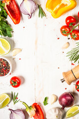 Food cooking background on white wooden table.