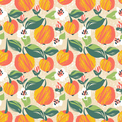 Seamless pattern with blooming flowers and apple fruits