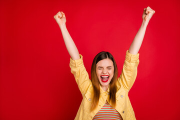 Yes. Photo of attractive crazy lady good mood rejoicing raise fists up screaming best win eyes...
