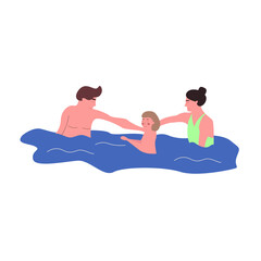 Obraz na płótnie Canvas Happy family scene. Mother and father teach their children to swim. Flat cartoon vector illustration.