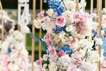 Wedding flower arrangement and decoration. Empty copyspace and space for text. Holiday accessories and backgrounds