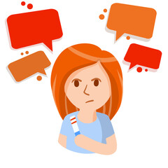 Pregnancy test. Girl holds the analysis result. Two strips. Concept of Beginning of motherhood. Question and doubt. Choice of future. Young woman. Flat cartoon