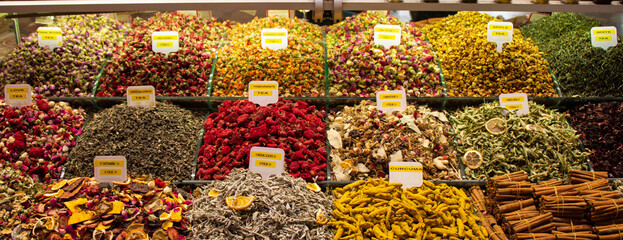 Dried tea,  fruits, herbs, flowers  at Istanbul Spice Bazaar