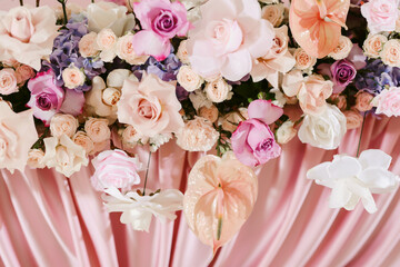 Wedding flower arrangement and decoration. Empty copyspace and space for text. Holiday accessories and backgrounds