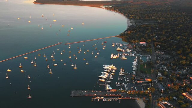 Aerial Flyover Of Sag Harbor At Sunset In The Hamptons, New York