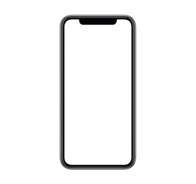 Smartphone mockup. New modern black frameless smartphone mockup with blank white screen. Isolated on white background. Smartphone frameless design concept.