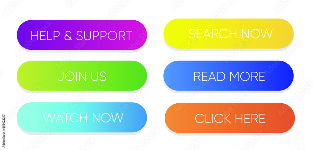 Poster set of vector modern material style buttons. different gradient colors on white forms with shadows. 