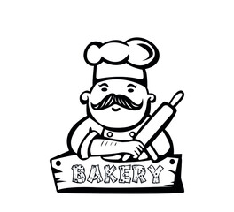 Bakery logo. Hand drawn vector illustration of chef-cooker with a mustache and bread. chef logo.