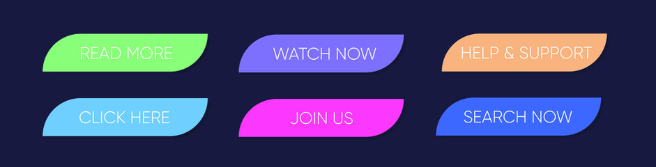 Set of multi-colored buttons using the gradient for websites and social pages. Isolated on a dark.