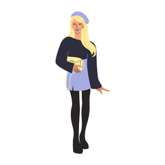 Blonde girl in blue skirt. Fashionable beret.
