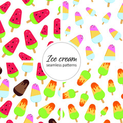 Sweet ice cream background. Set of seamless patterns