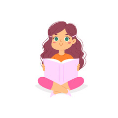 Fototapeta na wymiar Cartoon reading kid sitting with book on her hands. European smiling girl loving to read books, enjoying literature and study. Cute little smart pupil isolated on white background vector illustration