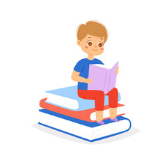 Cartoon reading kid, setting on stack of books. European smiling boy loving to read books, enjoying literature and study. Cute little smart pupil isolated on white background. Vector illustration
