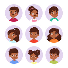 Big bundle set of different multinational children faces. Happy cute boy and girl avatars. Vector illustration of teenagers or pupil kids heads isolated on white background, pic icons for online game