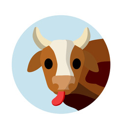 Cow. Head of horned animal. Icon of Cattle and farm. Funny brown bull. Village element. Countryside logo. Cartoon flat illustration