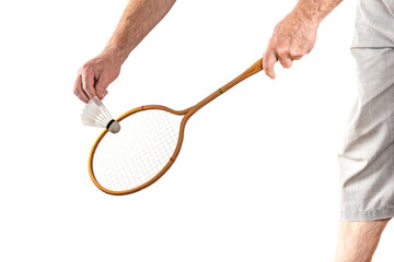 Vintage wooden badminton racket in hand isolated on white background