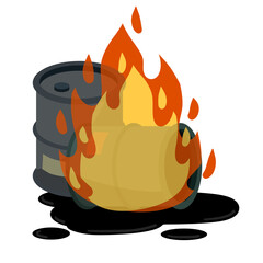 Barrel of oil. Burning fossil fuels. Petroleum packaging. Fire in gasoline Tank. Resource crisis. Accident and flames. Cartoon flat illustration