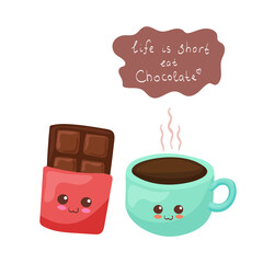 Kawaii chocolate with hot coffee cup vector characters isolated on white background. Funny smiling dessert with hand written lettering. Cute food mascot illustration. Kids menu, postcard concept.