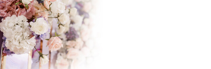 Wedding flower arrangements and decorations. Empty copyspace with white background and space for text. Holiday accessories and backgrounds