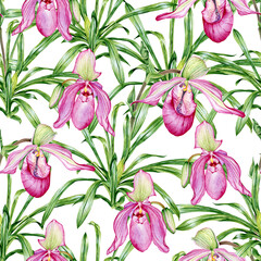 Pink orchids. Seamless, watercolor painted pattern.