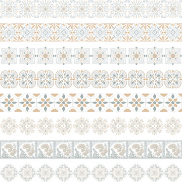 Design elements and page decoration. Vector set of color mosaic tile borders. Antique ceramic decor design.  Mediterranean gray, beige and natura decor. Portuguese or spanish retro old mosaic tiles. G
