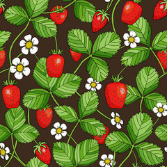 Strawberry seamless pattern. Bright red berries, green leaves and white flowers on dark background. Colorful cartoon vector illustration for decoration, textile, wrapping, packaging