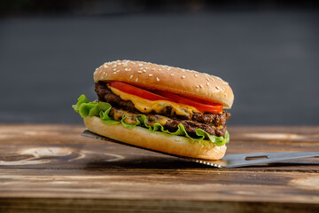 Homemade cheeseburger. Can be used for restaurant, cafe, food truck menu. Burger for ads. Burger for bigboard. Cheeseburger with 2 meat. Fast food. Burger for food post. Close up cheeseburger. 