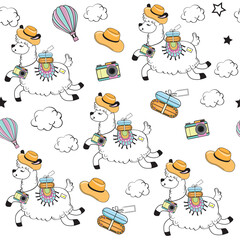 Cute llama on a white background. Travel concept seamless pattern