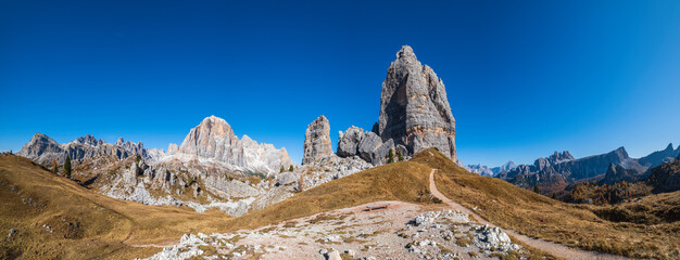 Dolomites, Europe, Five Pillars, Five Towers, Italy, October, alps, autumn, beautiful, blue, cinque torri, cliff, countryside, destination, famous, grass, high, hiking, hill, landscape, majestic, moun
