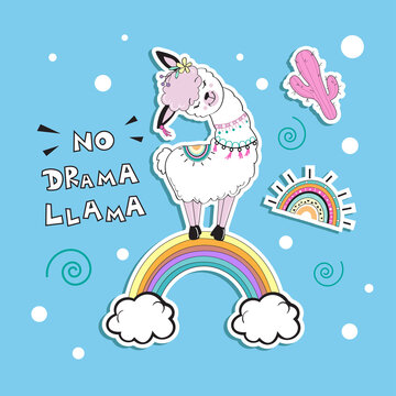 Cute llama on the rainbow and the inscription no drama llama on a blue background