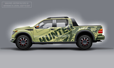 Editable template for wrap SUV with Hunter background decal. Hi-res vector graphics.