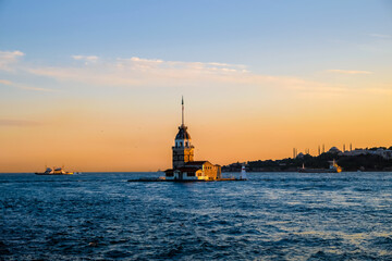 Beautiful sunset over the Maiden’s Tower, Istanbul, Turkey. Eastern travel history city concept