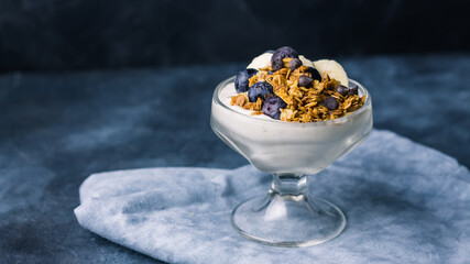 Banana ice cream with granola, oats and blueberries on the top