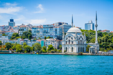 Fototapeta na wymiar Ortakoy Mosque landscape beautiful sea of Bosphorus Bridge, Istanbul, Turkey. Eastern travel history city concept