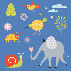 Set of vector characters. Chsildish style illustrations. Cute elephant, snail, birds.