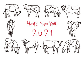 2021年　丑年の年賀状　牛たくさん　　Happy New Year