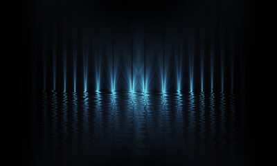 Dark empty scene, blue neon searchlight light, wet asphalt, smoke, night view, rays. Reflection on the water, night view. Liquid. 3d illustration.