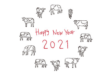 2021年　丑年の年賀状　ぐるっとたくさんの牛　　Happy New Year