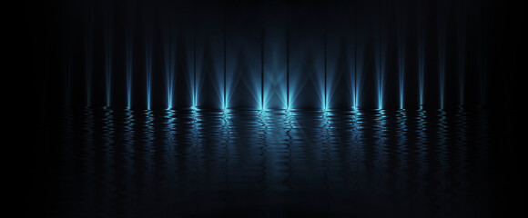 Dark empty scene, blue neon searchlight light, wet asphalt, smoke, night view, rays. Reflection on the water, night view. Liquid. 3d illustration.