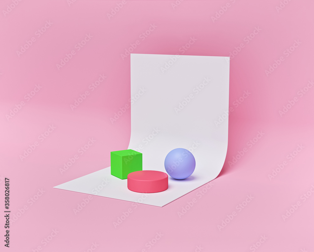 Poster geometric primitive shapes, colorful elements. minimal abstract design. 3d rendering