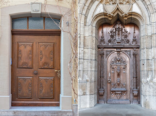 two wooden doors with beautiful decorative wooden trim in the historical part of various European cities