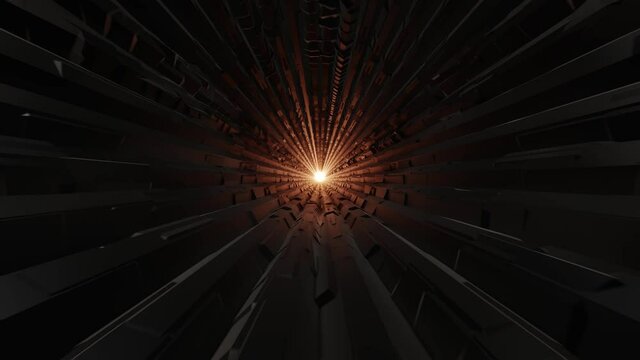 Futuristic cybernetic alien factory looping animation. Strange abstract beveled geometry tunnel.  Hot glowing inner core. Dark and scary unknown underground. Mysterious journey of discovery.