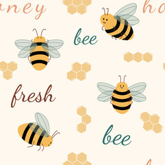 Seamless pattern with bees, fresh text and honeycomb in cute cartoon style.  Hand drawn vector illustration. Useful for package design of organic product, flyers, backgrounds, banners, wrapping paper