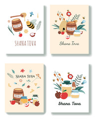 Set of Rosh Hashanah greeting cards. Jewish New Year Holiday postcards. Happy Shana Tova template for invitations. Cute cartoon vector illustration with honey, apples, flowers, jars, pomegranate.
