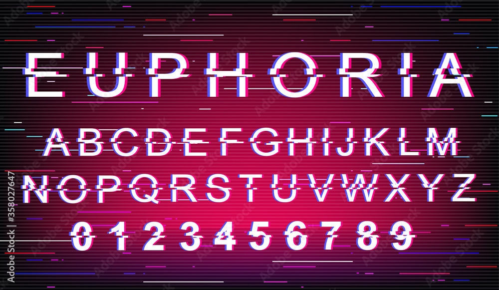 Fototapete euphoria glitch font template. retro futuristic style vector alphabet set on purple background. capi